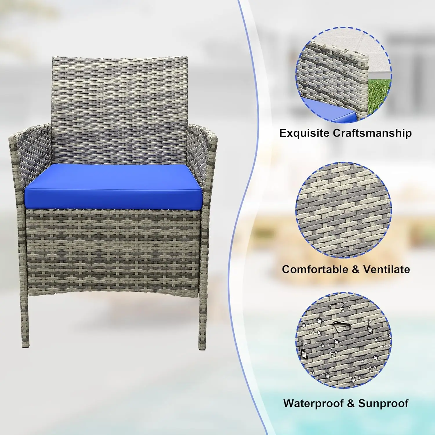 3-Piece Patio Set. All Weather Rattan. Soft Cushion. Glass Table. For Garden, Porch, Poolside. Grey & Blue.