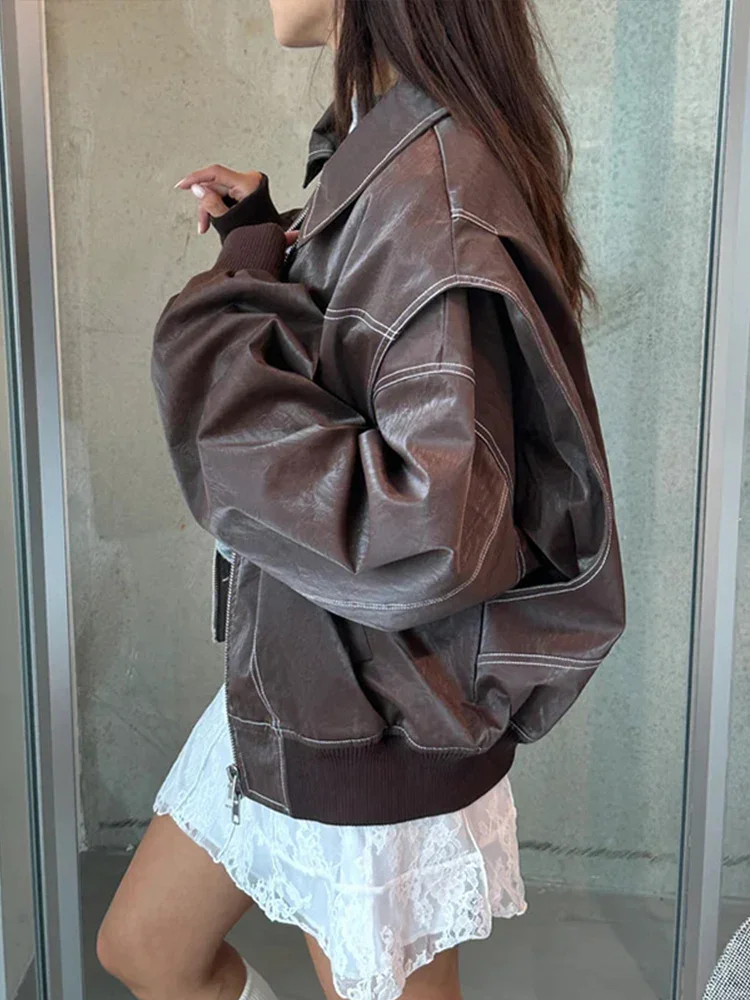 Fashion Patchwork Lapel Long Sleeve Coats Vintage Red Zipper Leather Jacket For Women 2024 Autumn Winter Female Casual Outerwear 6