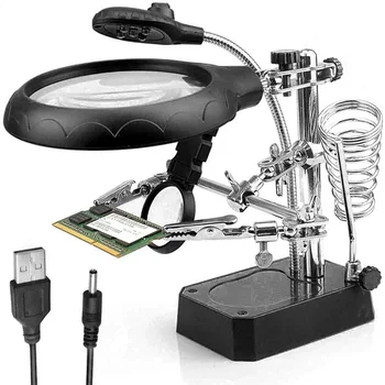 3 Hand Soldering Iron Stand Welding Tool With Magnifying Glass Illuminated LED Alligator Clip Holder Clamp Helping Repair 1