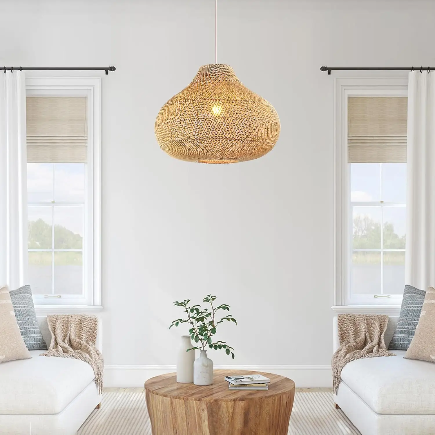 40CM Rattan Pendant Light Rattan Boho Wicker Chandelier Hand-Woven Basket Pendant Light Fixtures for Dining Living Room