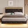 Queen Floating Bed Frame with Headboard,Upholstered Platform Bed Frame with Led Lights Faux Leather Low Profile Bed,Black 1