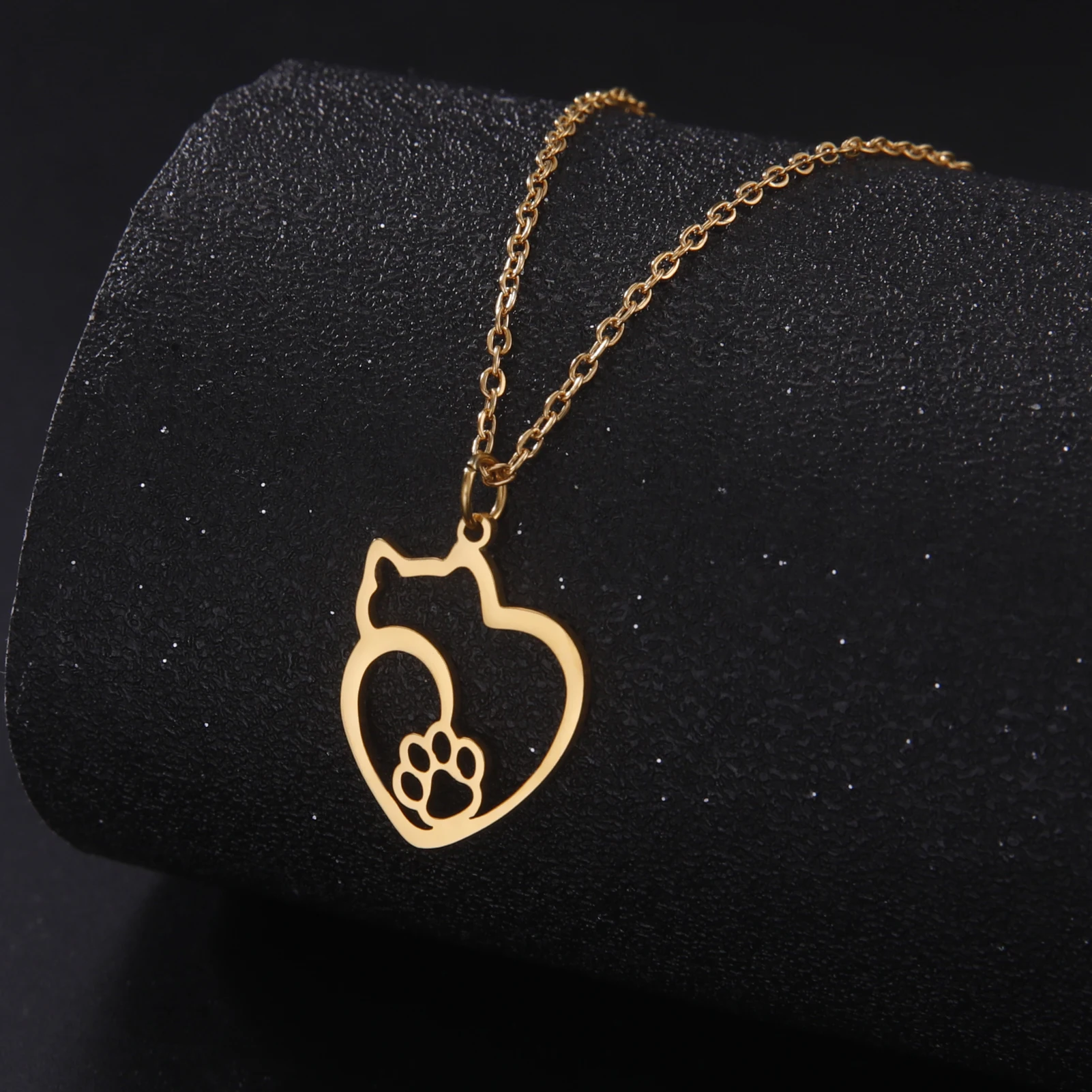 Cat Kitten Heart Paw Pendant Necklaces for Women Animal Jewelry Stainless Steel Neck Chain Necklace - PeticaDeals