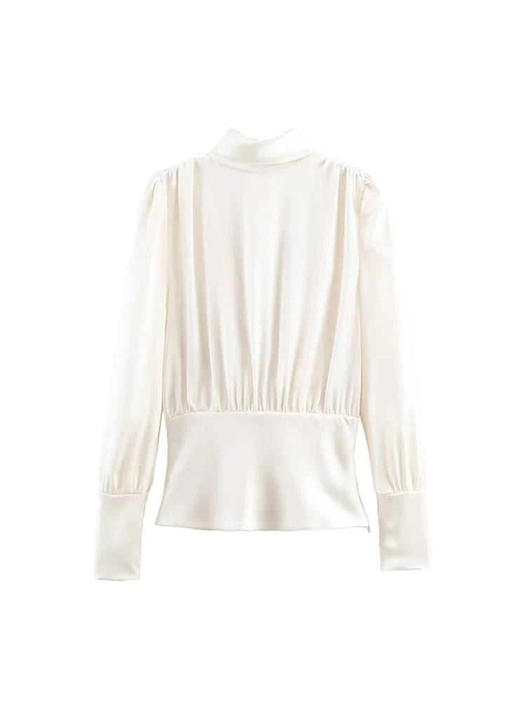 Autumn New Women's Solid Color Blouse Sexy Open Back Bow Collar Satin Shirt Casual Comfortable Long Sleeved Elegant Ladies Top