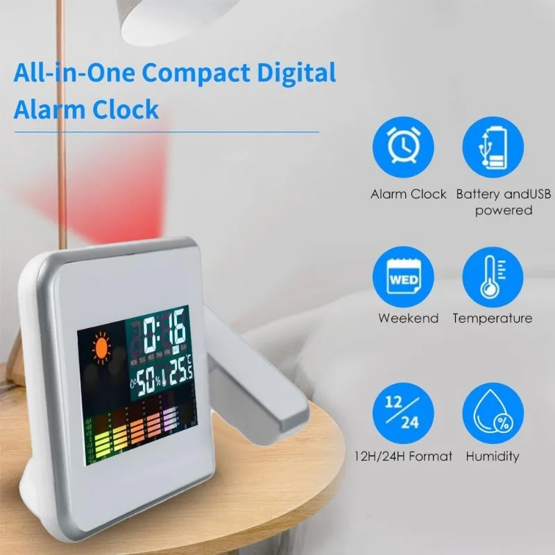 Color Screen Digital Projection Weather Alarm Clock, Electronic LED Adjustable Angle Projection Intelligent Alarm Clock
