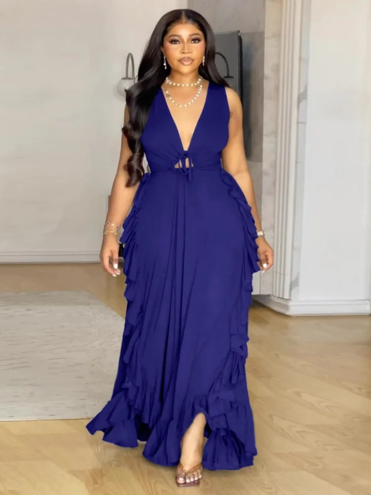 Wmstar Plus Size Dresses Women 2025 Wholesale Deep V Neck Elegant Bandage Long Dress Fashion Street Wear Drop Shopping Summer