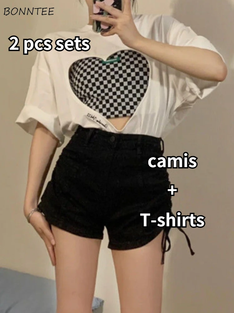 

2 Piece Sets Women Summer Fashion T-shirts Plaid Camisole Sexy Hollow Out Loose All-match Hot Y2k Young Korean Style Casual Ins