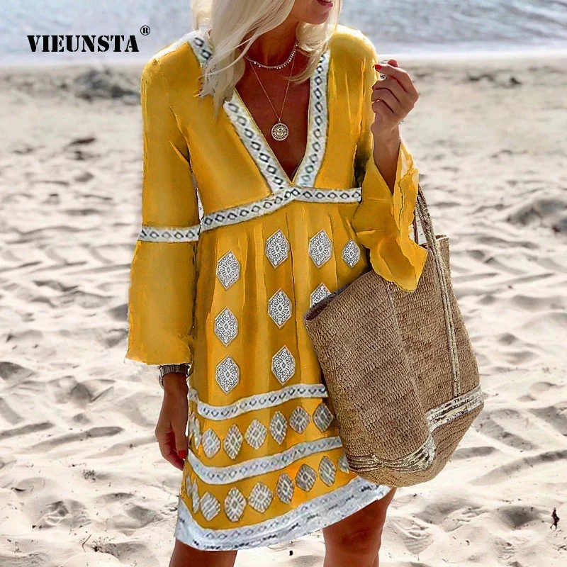 

Fashion Personality Positioning Printing Mid-Length Dress 2022 Spring And Autumn Women's Sexy V-Neck Ninth-Sleeve Loose Dresses
