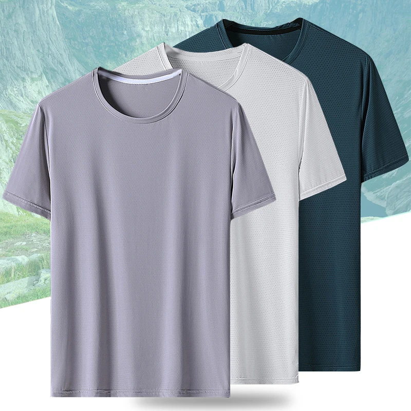 (L-8XL)Ice Silk Camping Hiking Trekking Short Sleeve Shirt Men Loose Fitness Yoga Tops Round Neck Quick Dry Couple Sport T-Shirt