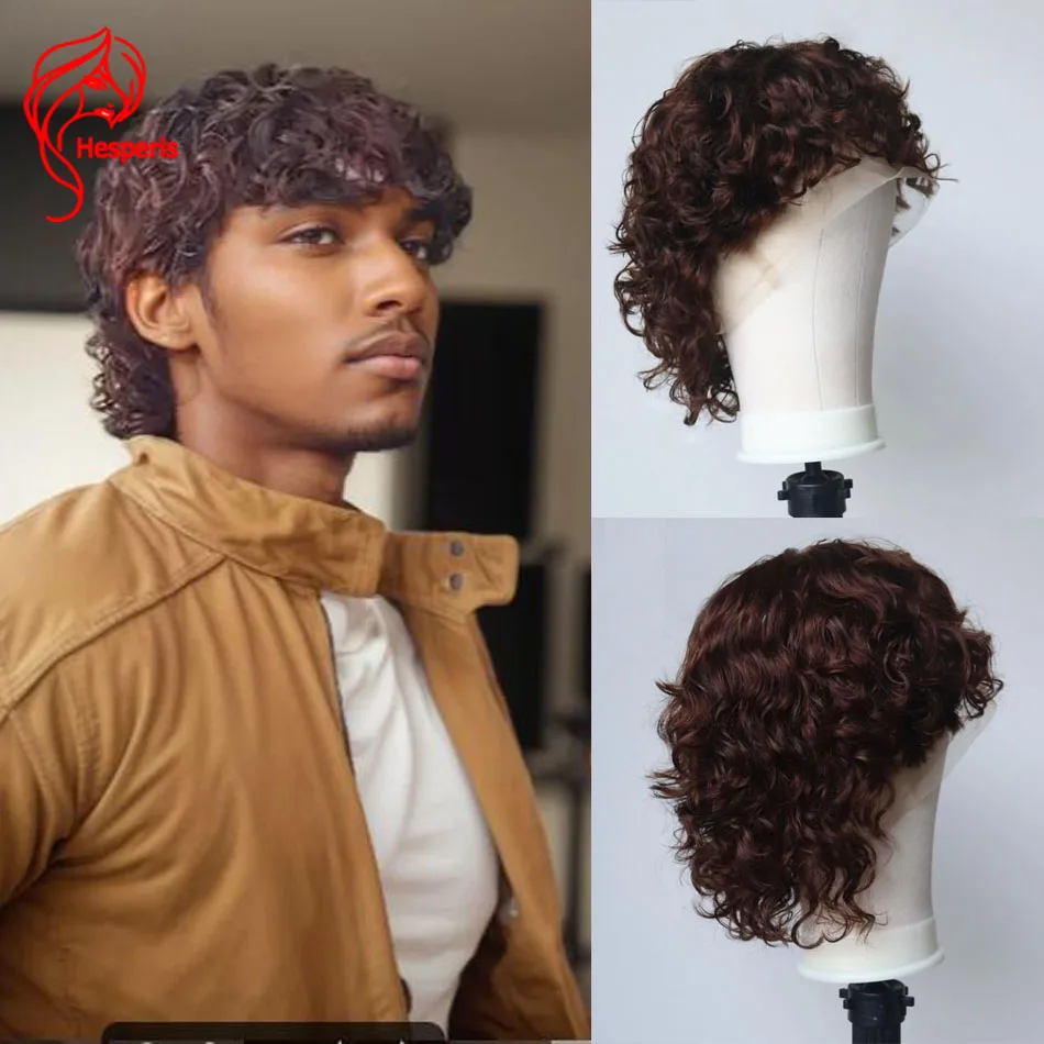 Hesperis Brown Curly Mullet Wig Brazilian Remy Full Lace Human Hair Wigs Curly Pixie Cut Wig Short Men's With Bangs