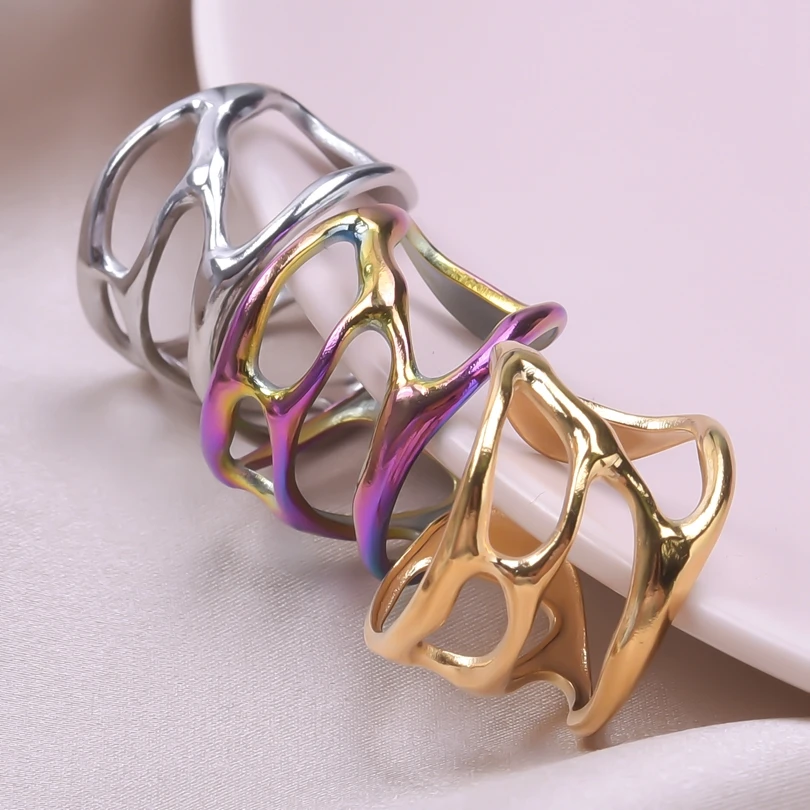 1Pc 스테인레스 스틸 펑크 중공 Chunky 불규칙한 액체 용암 여성 오픈 반지 빈티지 질감 성격 Anillos Mujer 쥬얼리