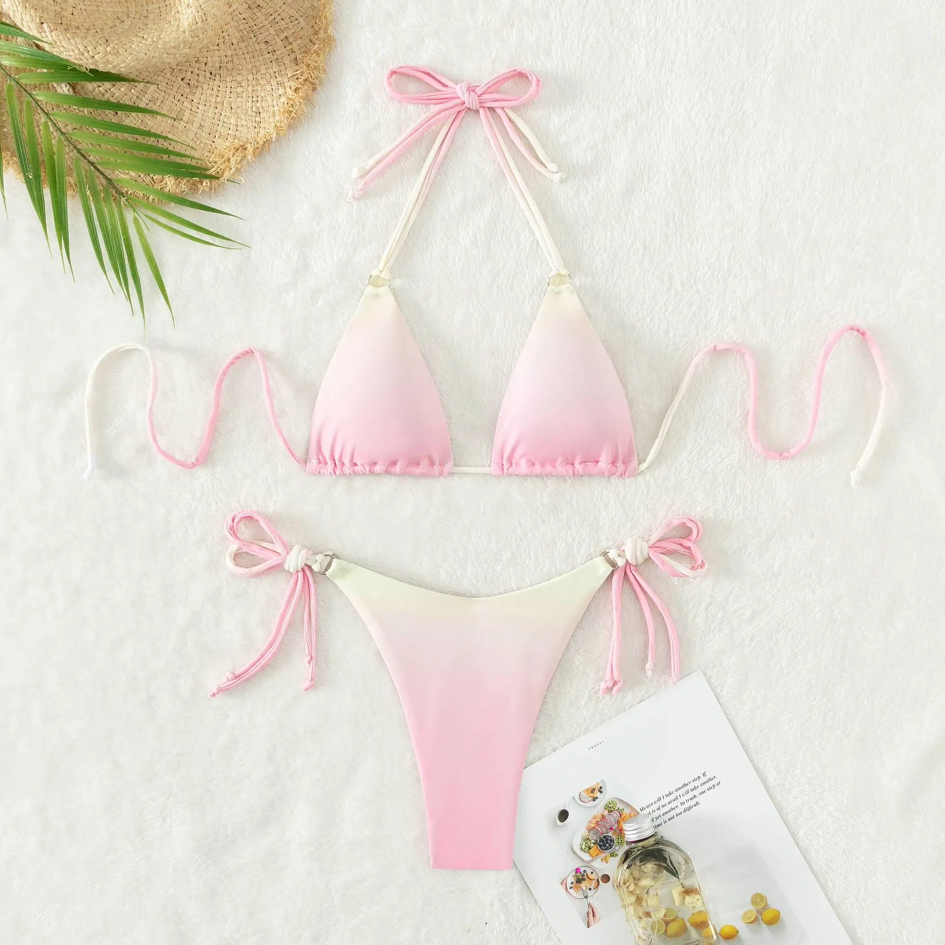 Sexy Halter Tie Dye Mini Micro Thong Swimsuit Female Bikini Women Swimwear Two-piece Bikini set Padded Bather Bathing Suit ﻿