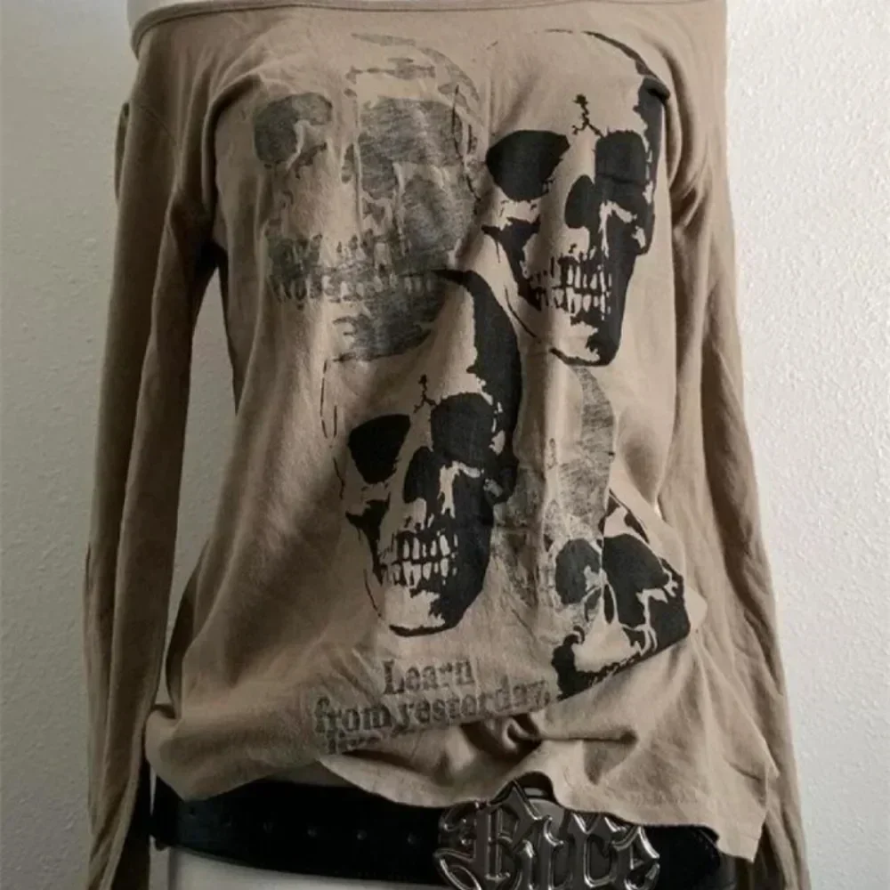Neploe Literary Vintage Slim Y2K American Fairycore Ropa Mujer Spice Girls Skeleton Print Shirt Slash Goth Loose Harajuku Tops 2