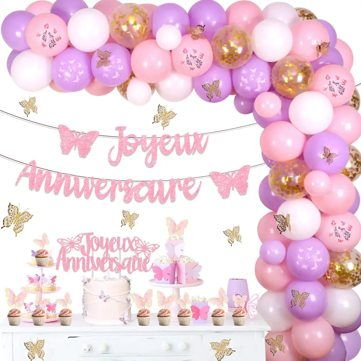 

Набор арки из воздушных шаров для девочки, украшения для дня рождения, розовая и фиолетовая бабочка, баннер Joyeux, топпер для торта, наклейки
