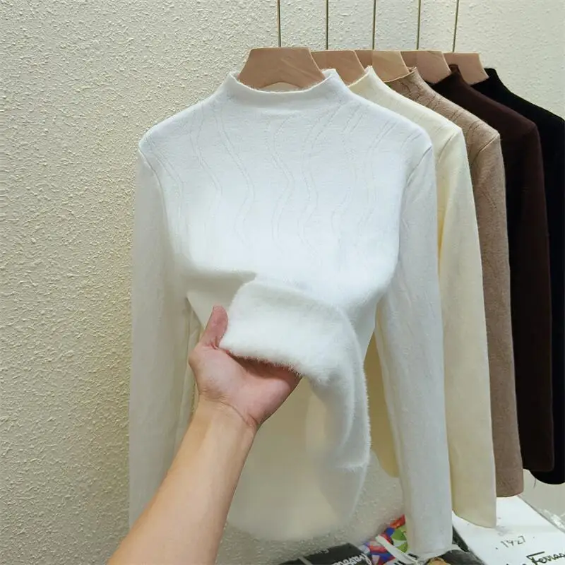 Autumn and Winter Women's New Wavy Semi-turtleneck Pullover Sweater Fashion Slim Solid Color Knitwear Integrated Fleece Top