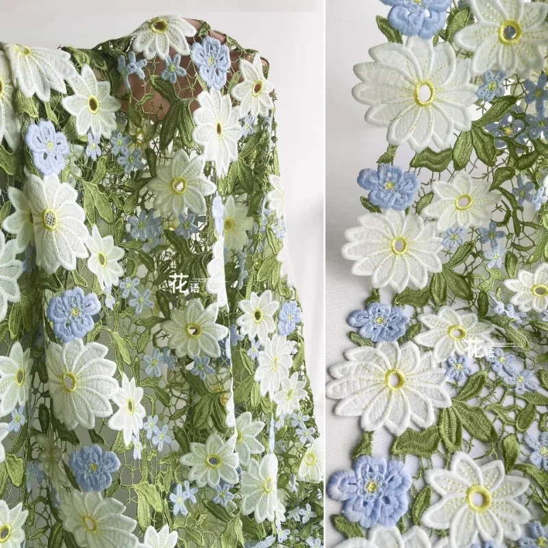 Green Hollow Water-soluble Embroidered Polyester Fabric Clothing Designer Fabric