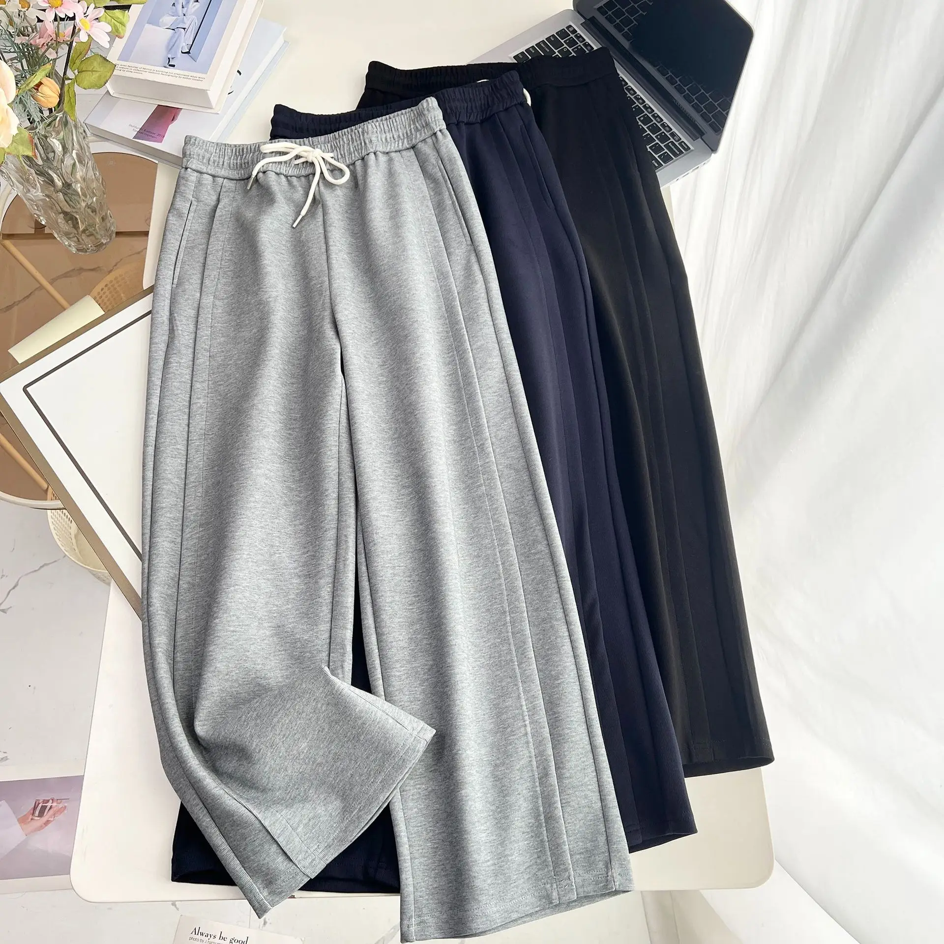 XXXXL Fashion Plus Size Women's Straight Leg Pants Autumn Winter Simple three-dimensional Cut Fleece Warm Casual Trousers 5012