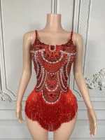 Sexy Sparkly Red Rhinestones Tassels Bodysuit Women Show Performance Dance Costume Nightclub Outfit Singer Dancer Stage Wear