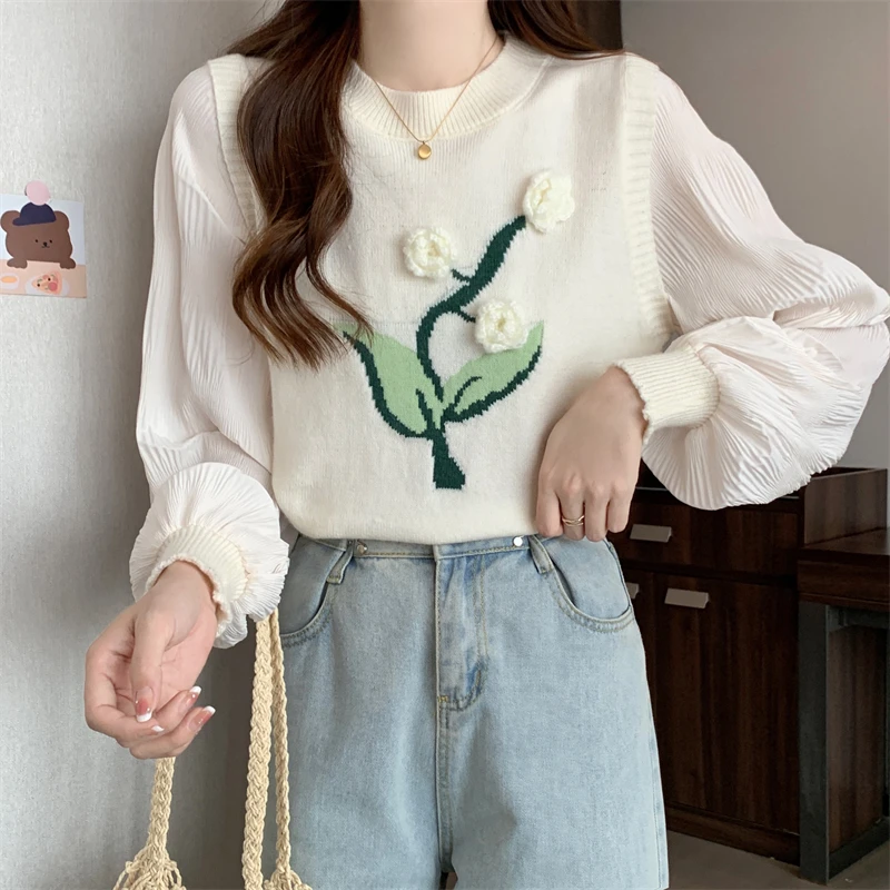 

LKSK Large Size Women's French Fake Two-piece Long Sleeved Sweater Women's Spring New Belly Covering and Slimming Knit Top