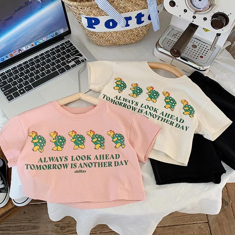 

2023 Summer New Children Short Sleeve T-shirt Baby Boys Girls Loose Casual Cotton Tees Toddler Cartoon Print Top Kids Clothes