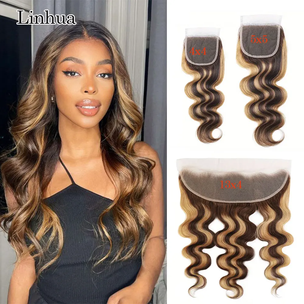 

Llinhua Body Wave 13x4 Transparent Lace Frontal Highlight P4/27 4x4 5x5 Lace Clsoure Human Hair Ombre Brown Honey Blonde Color