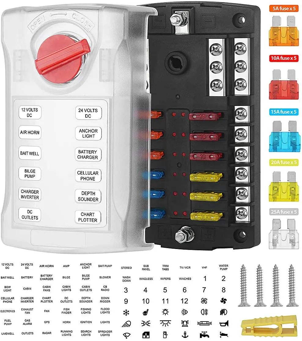 12 Way Waterproof Fuse Block 70 pcs Stick Label For Vehicle Car Boat Marine Trike Auto Car Truck Vehic Horsmile Fuse Box ATC/ATO With LED Light Indication & Protection Cover 