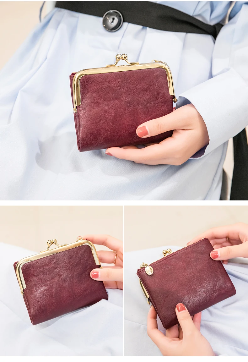 Neue Clip Damen Zero Wallet Retro Multifunktionale Doppelfalt-Lederbrieftasche mit mehreren Kartenfächern, Reißverschluss und Kussverschluss. – Detail 6