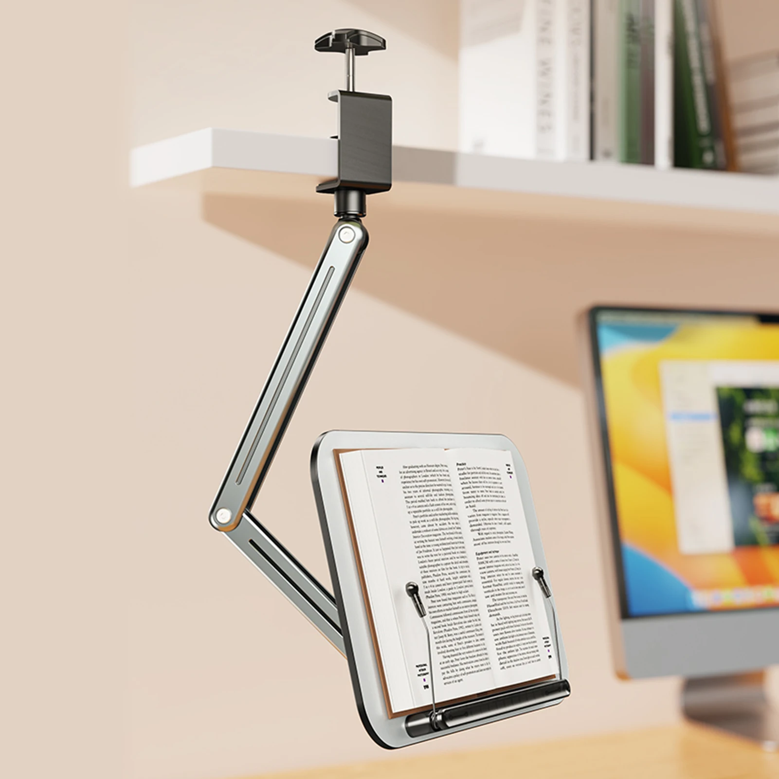 Desktop Book Stand for Reading w/ Cantilever Arm 360° Rotating Foldable Aluminum-plastic Panel for 14-17.3inche Ereader Textbook