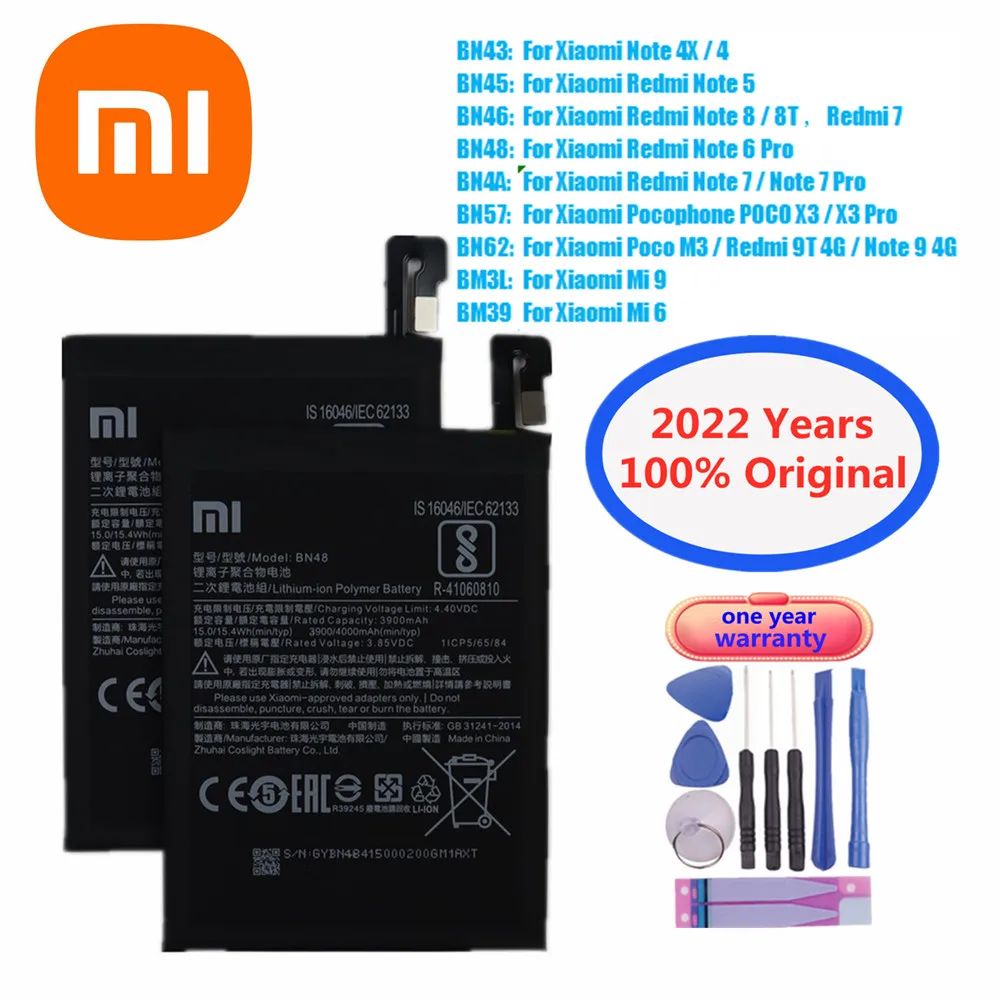 

2022 Years Xiao Mi Original Battery For Xiaomi Redmi Note 5 8 8T 9T 6 7 Pro Note 4X 4 9 Mi6 Mi9 Pocophone Poco M3 X3 Pro Bateria