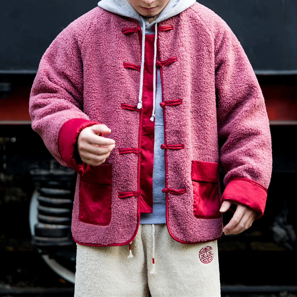

Пальто из овечьей шерсти контрастных цветов в китайском стиле, зимний теплый флисовый костюм Тан, Высококачественная Мужская Ретро-куртка