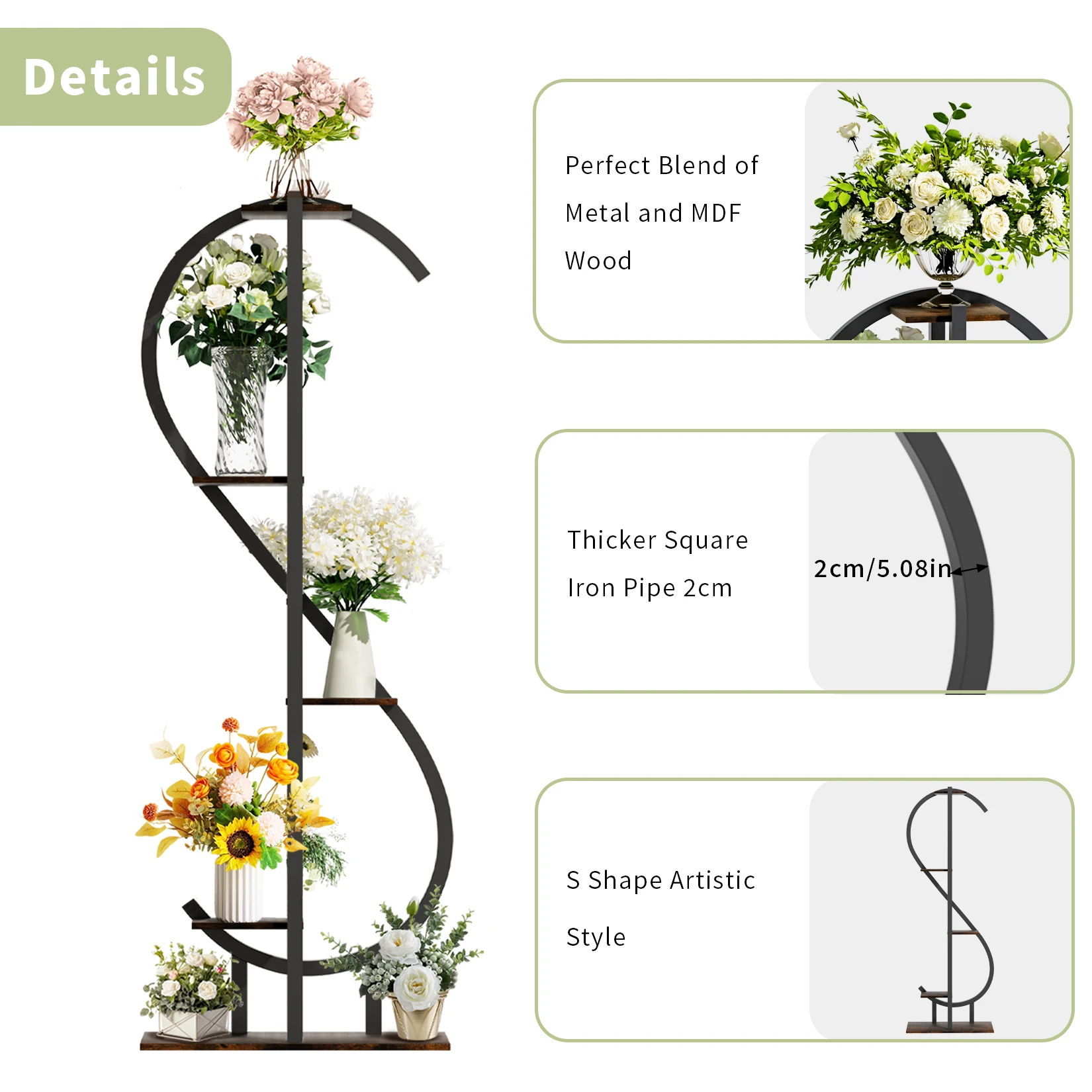 5-Tier S-Shaped Indoor Plant Stand with Hanging Hooks Gardening Tools Aesthetic Corner Plant Shelf for Tall Plants Multipurpos