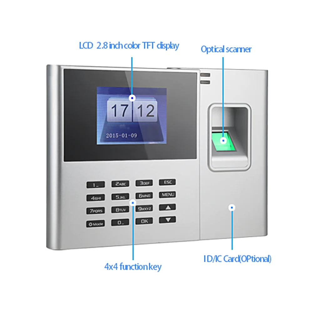 Biometric Fingerprint Password Attendance Machine Employee Checking-in Recorder 2.8 inch LCD Screen DC 5V Time Attendance Clock