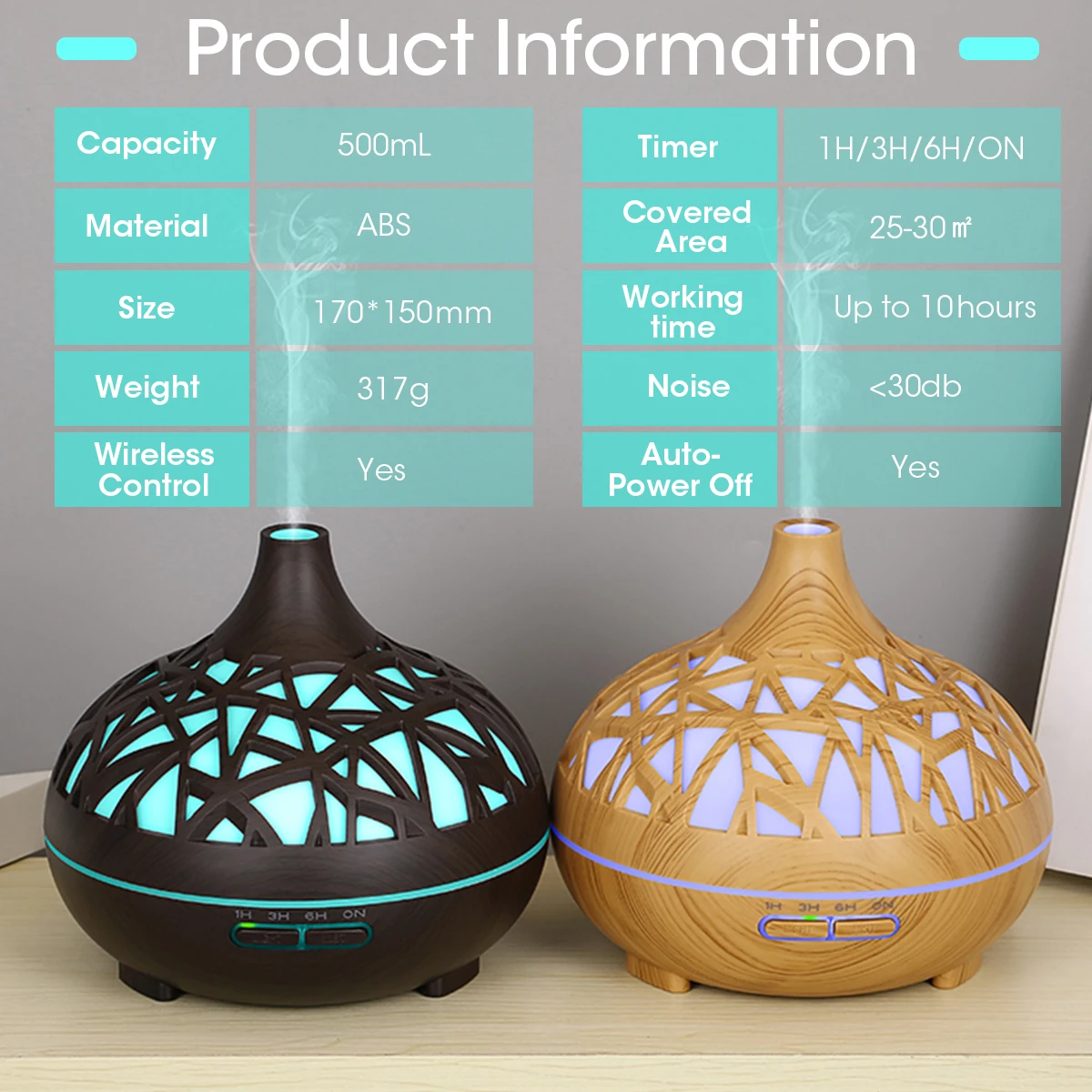 Humidifier Aromatherapy Essential Oil Diffuser Hollow Wood Grain Remote Control Ultrasonic Air Humidifier Cool with 7 Color LED 2