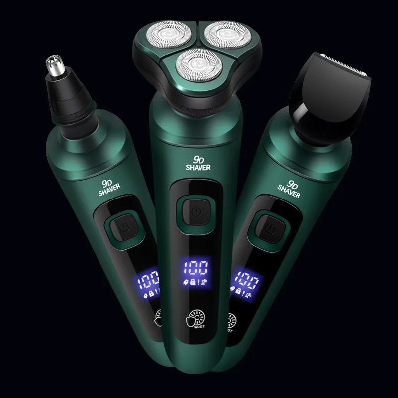 Electric Shaver Beard Trimmer 4 In 1 Electric Shaver LCD Digital Display Three-head Floating Razor Rechargeable Green Smart Razor Waterproof Shaver Clipper