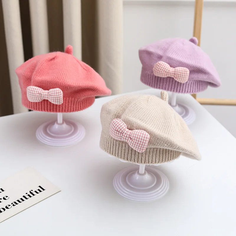 Baby Hat Knit Hat Fashion Baby Hat Solid Color Flower Girls Warm Beret Vintage Knitted Beret Hat Kids Autumn Winter Children Artist Painter Cap