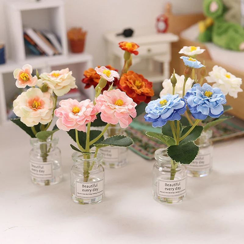 

1:12 Dollhouse Miniature Rose Laurel Potted Flower Glass Bottle Flower Arrangement Home Decor Doll House Decoration Accessories