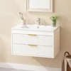 30" Bathroom Vanity Cabinet with Ceramic Sink, Wall-Mounted Floating Vanity, 2 Large Storage Drawers, with Sensor LED Light 1