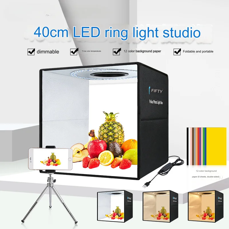 40cm Folding Studio Ring Light LED Portable Simple Folding Studio with 6 Double-sided Color Background Cloths Size 40x40x40cm