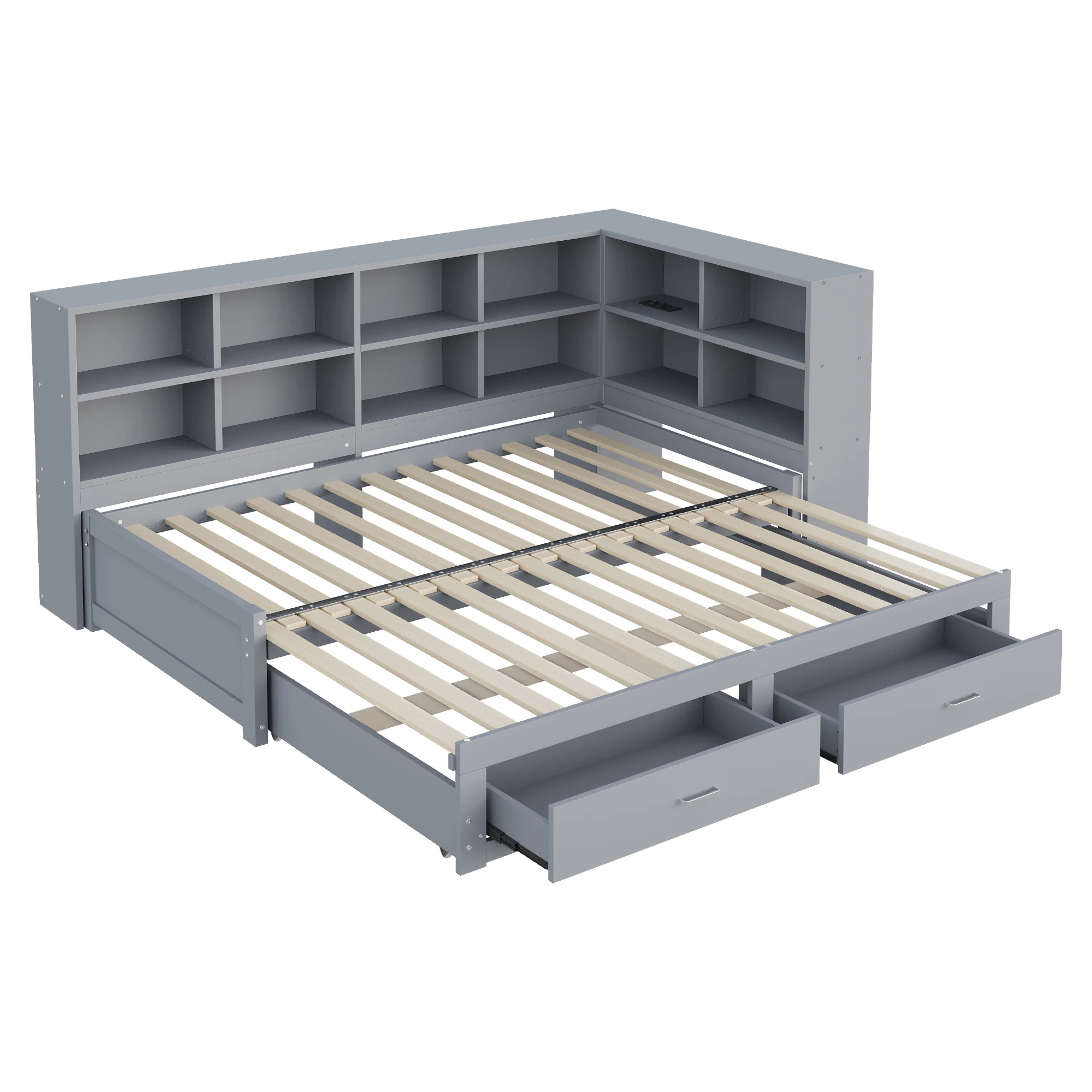 KOMHTOM Multifunktionales Einzelholzbett 90x180x190 cm mit ausziehbarem Bett Staufach multifunktionaler Euro Steckdose Schublade – Detail 6