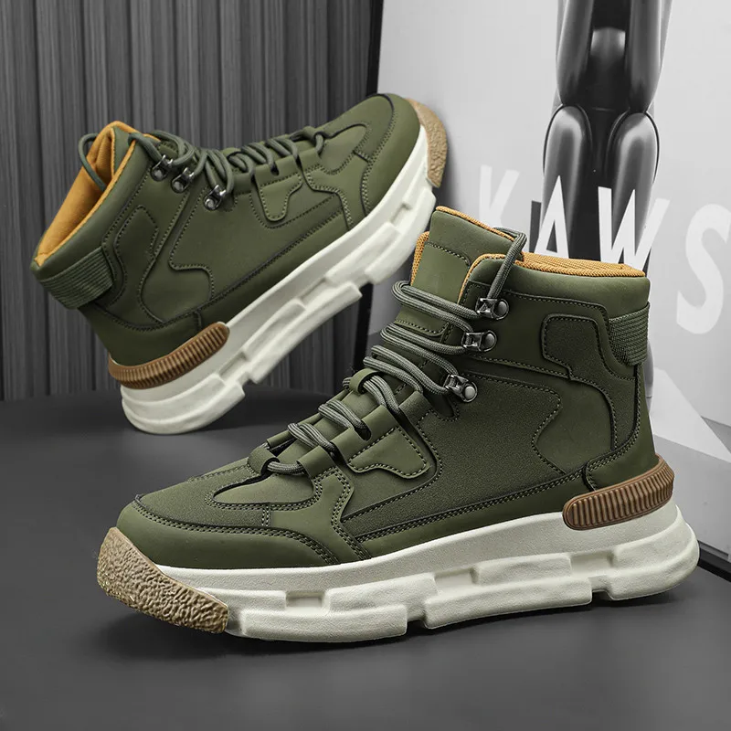 

Autumn Winter Men's High Top Sneakers Fashion Army Green Platform Ankle Boots Men Outdoor Lace-up Trendy Casual Sports Shoes Men
