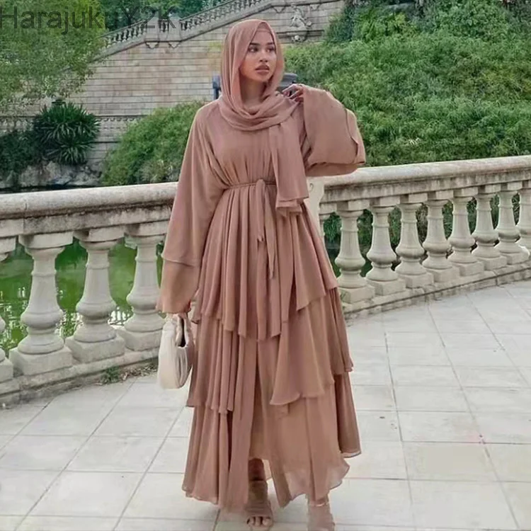 

Fashion Stitching Muslim Dress Women Three-Layer Chiffon Elegant Abaya Ramadan Cardigan Hijab Marocain Dress Robe