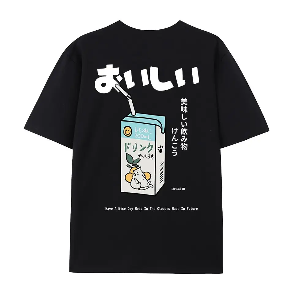 Cute Japanese Cat Print Oversized T-shirt Men Women Short