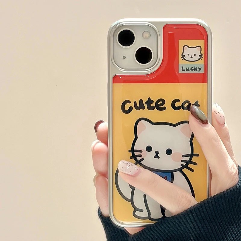 Cute Lucky Cat Glossy Back Cover Case For iPhone 16 15 13 14 12 Pro Max Plating Silver Bumper Phone Shell