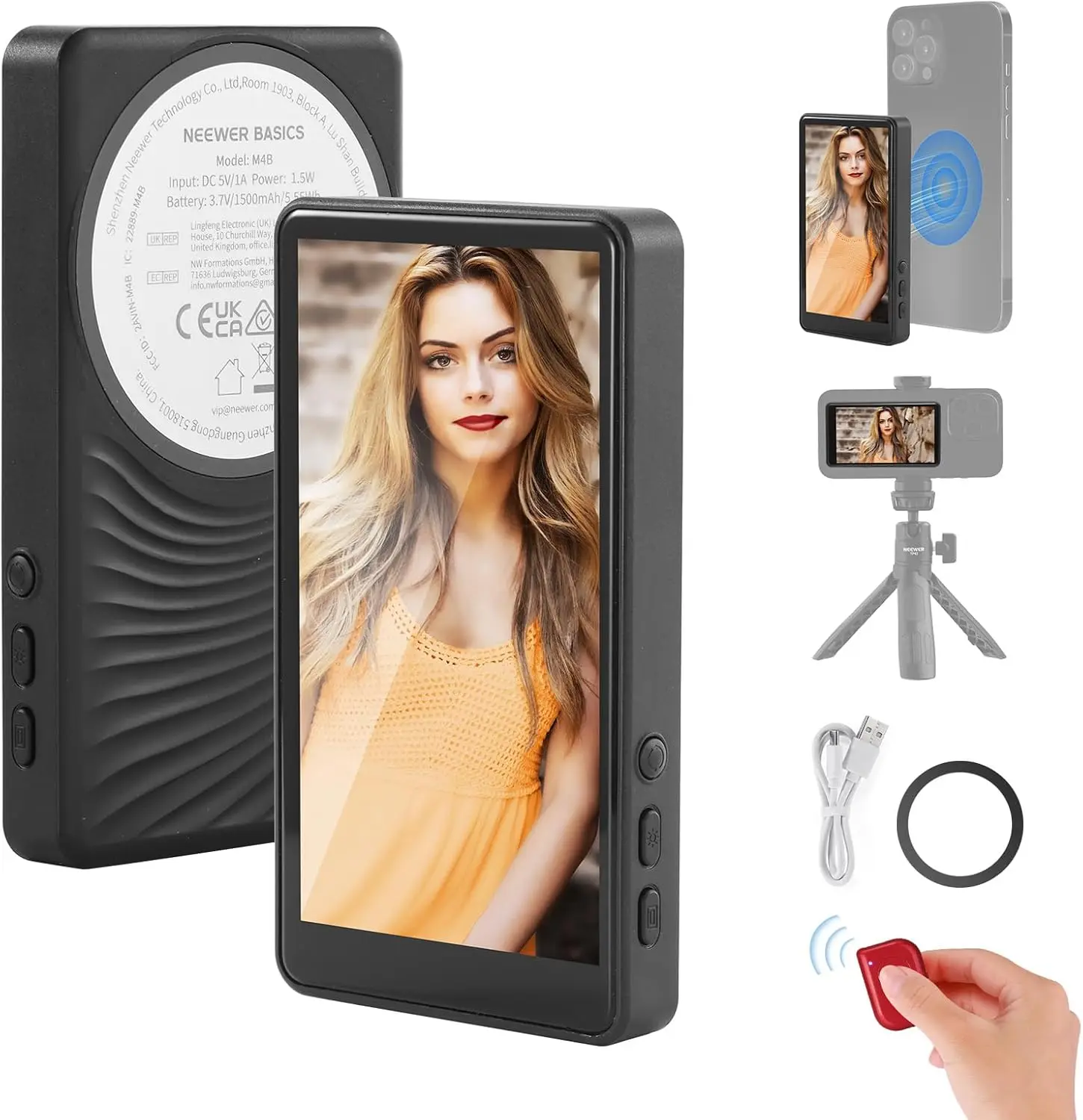 Basics 4" Magnetic Vlog Selfie Monitor Screen, Wireless Phone Back Camera Monito