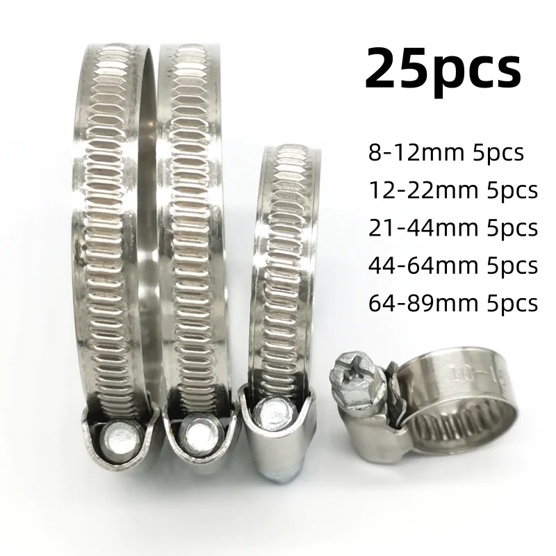 25pcs 8-89mm German Type Hose Clamps Adjustable Stainless Steel Worm Drive Pipe Clips for Air Hose Water Pipe Fuel Hose 5 Sizes