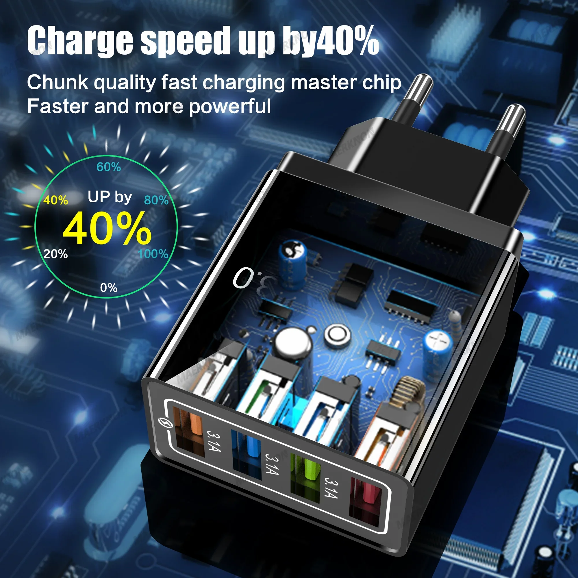 3Pcs USB Charger 4 Ports Quick Charge 3.0 Wall Charger For iPhone 15 Samsung Xiaomi Huawei USB Fast Charge Phone Power Adapter