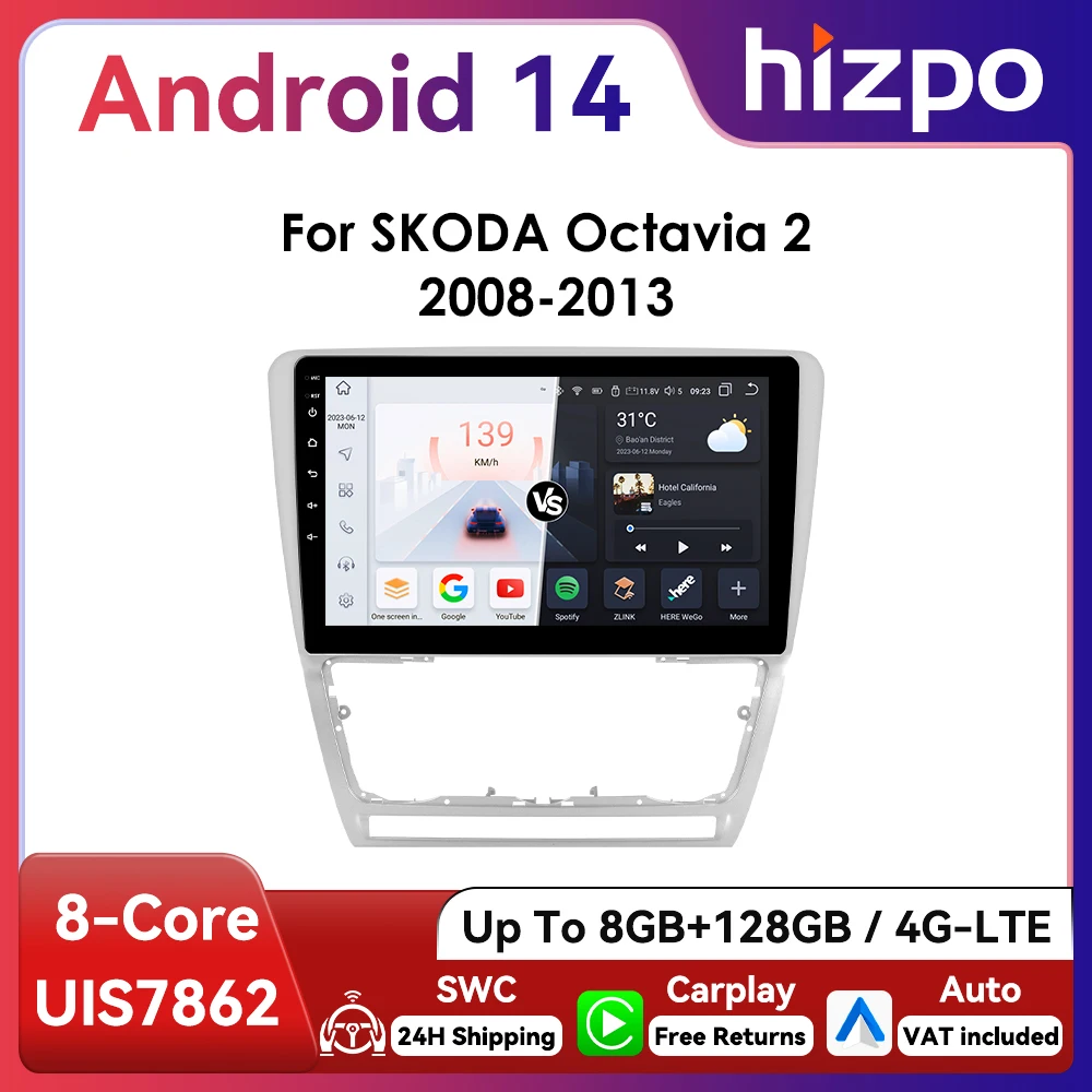 10,1" Hizpo 2Din Android13 Autoradio für Skoda Octavia 2 2008 - 2013 BT 4G CarPlay GPS Navigation RDS DSP SWC UI7862 Multimedia