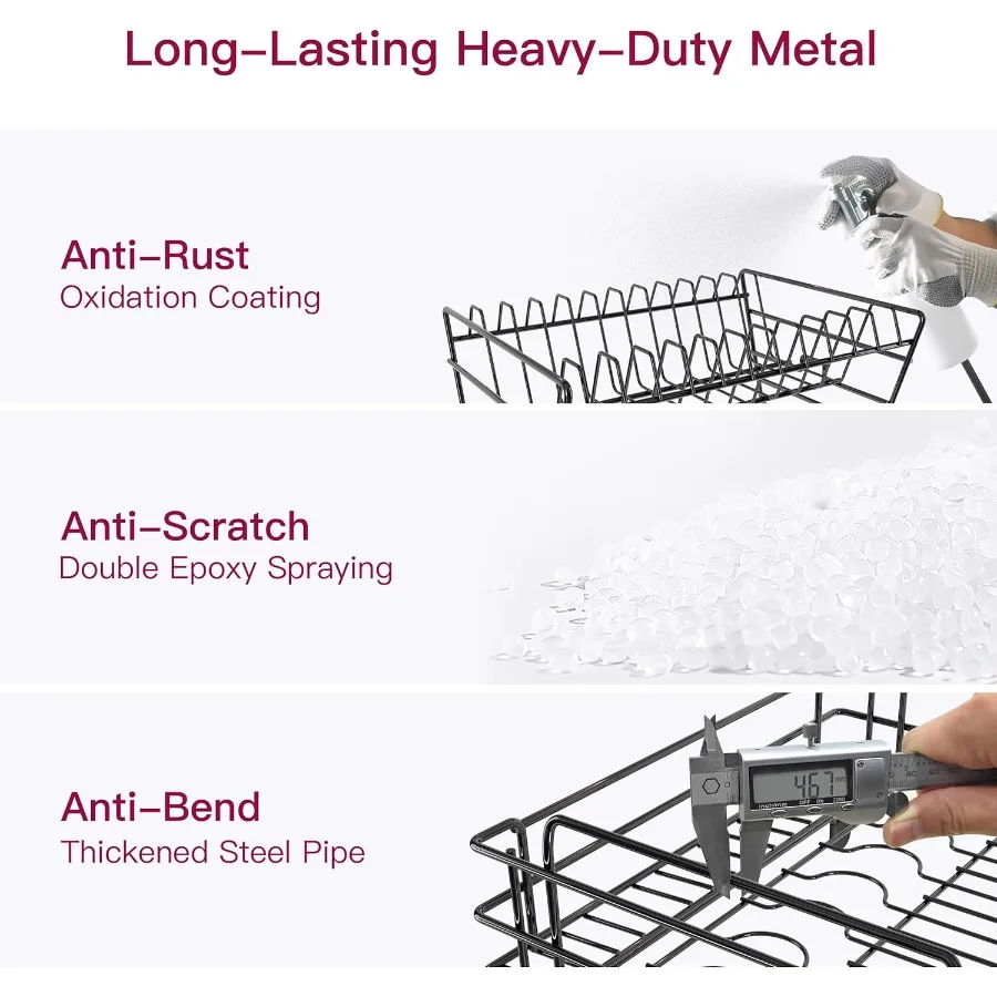 2 Tier Black Large Stainless Steel Dish Drainers Drying Rack for Kitchen Counter with Drainboard Rust Proof Metal Space Saving