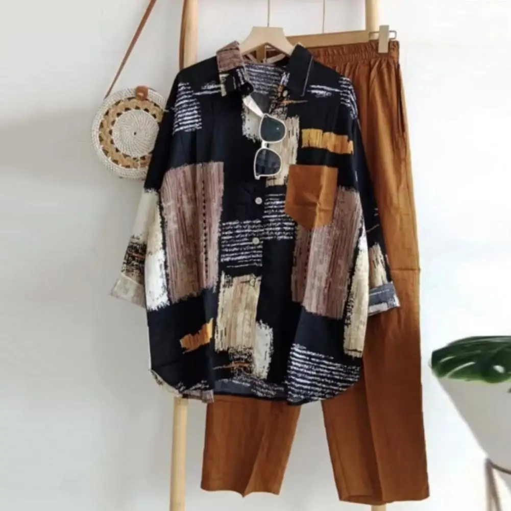 

Women Shirt Pants Set Stylish Colorblock Shirt Pants Set for Women Lapel Blouse Wide Leg Trousers Ensemble Soft Loose for Ladies
