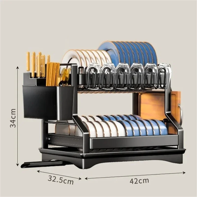 Dish Drying Rack Double Layer Kitchen Organizer with Chopstick Holder & Cup Storage Sink Counter Shelf for Plates Bowls Utensils 3