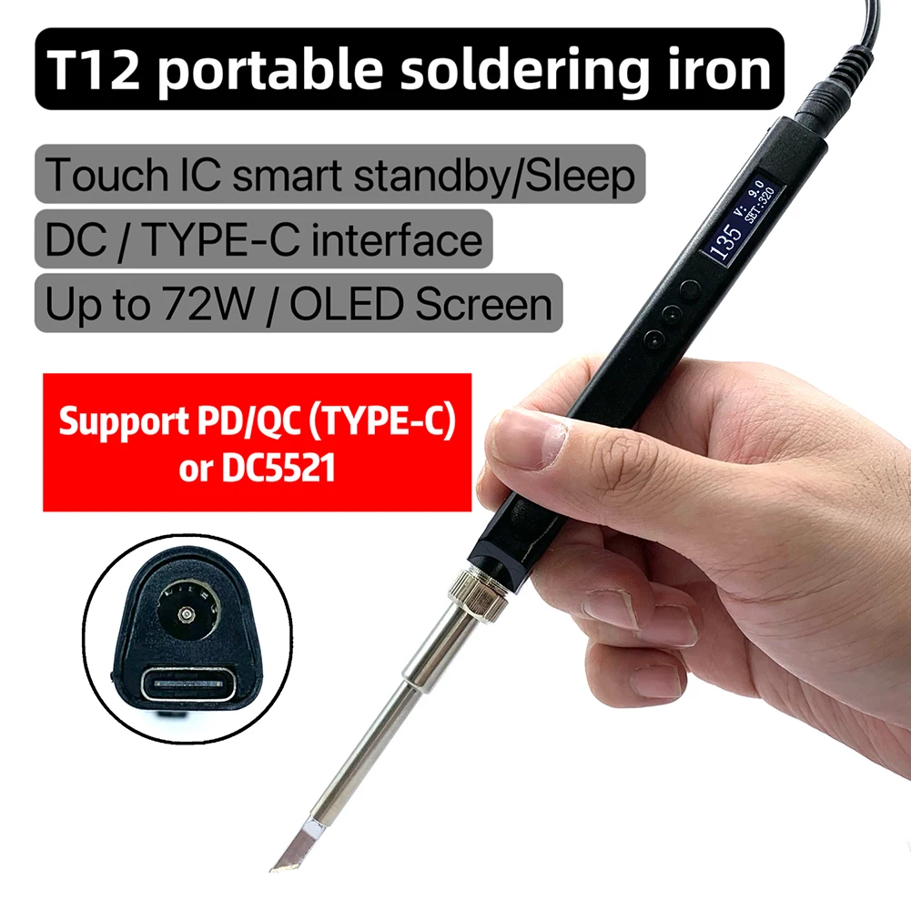 

PTS80 T12 Smart Electric Soldering Iron PD 65W/DC 72W Cordless Soldering Iron OLED Display TYPE-C/DC 5521 Interface Welding Tool